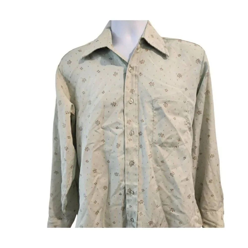 Vintage 70s Long Sleeve Green Button Up Shirt L Disco Polyester Dagger Collar